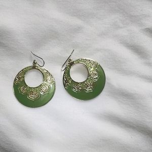 Green and gold dangle hoop earrings